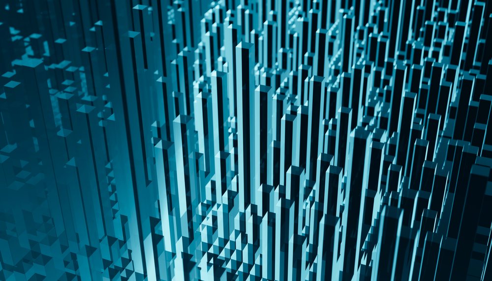Blue digital vertical 3D bars in an abstract technology and data visualization concept.
