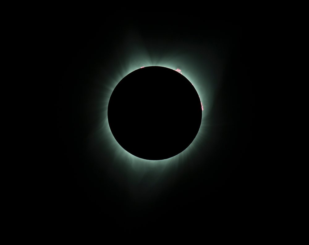 Solar eclipse shows the sun's corona and prominences around the moon's silhouette against a dark sky, Los Angeles, USA.
