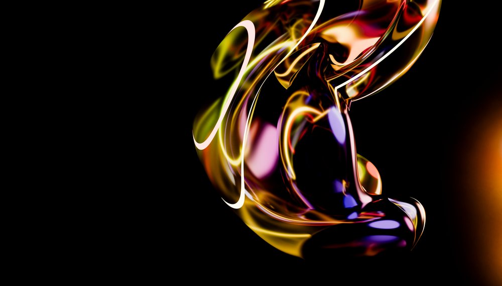Abstract colorful glass-like fluid shape with light reflections on a dark background.