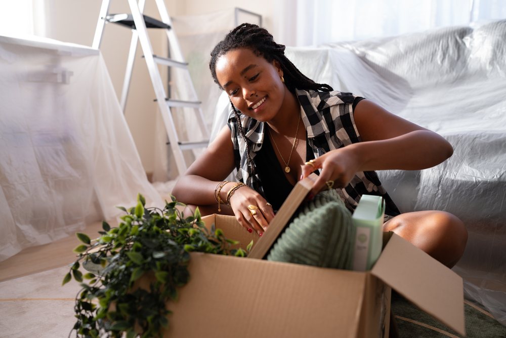 A woman unpacks items from a cardboard box in a plastic-covered room during a move, moving, Spain.