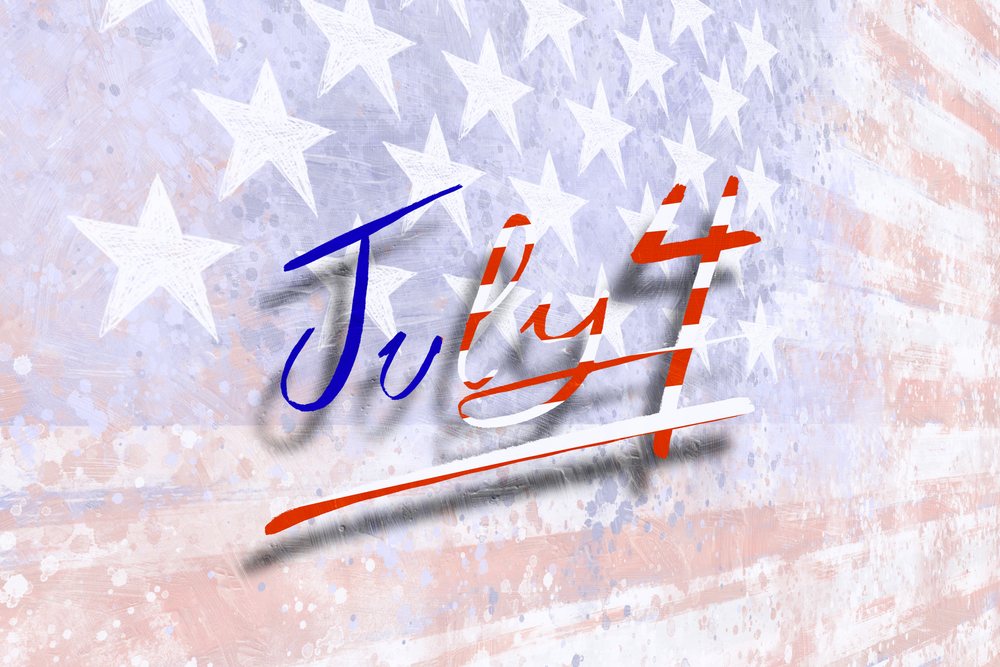 Illustration of July 4 text overlaying a grunge-style flag background with stars and stripes in red, white, and blue colors.