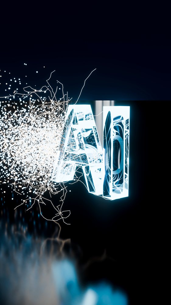 Glowing 3D letters spelling AI emit blue and white light particles and electric streaks on a black background.