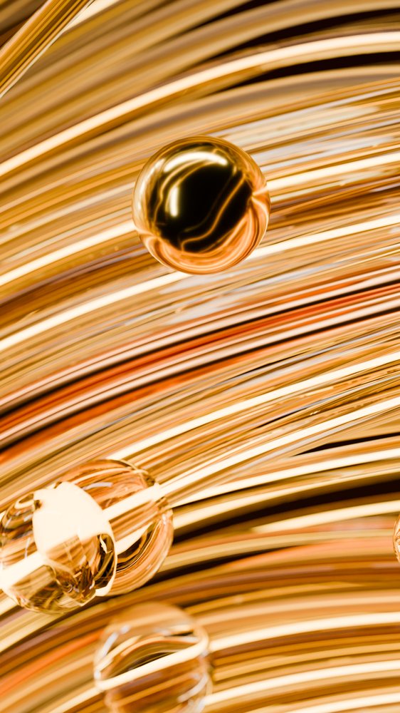 Golden spheres swirl among shiny curved metallic golden lines creating an abstract decorative composition.
