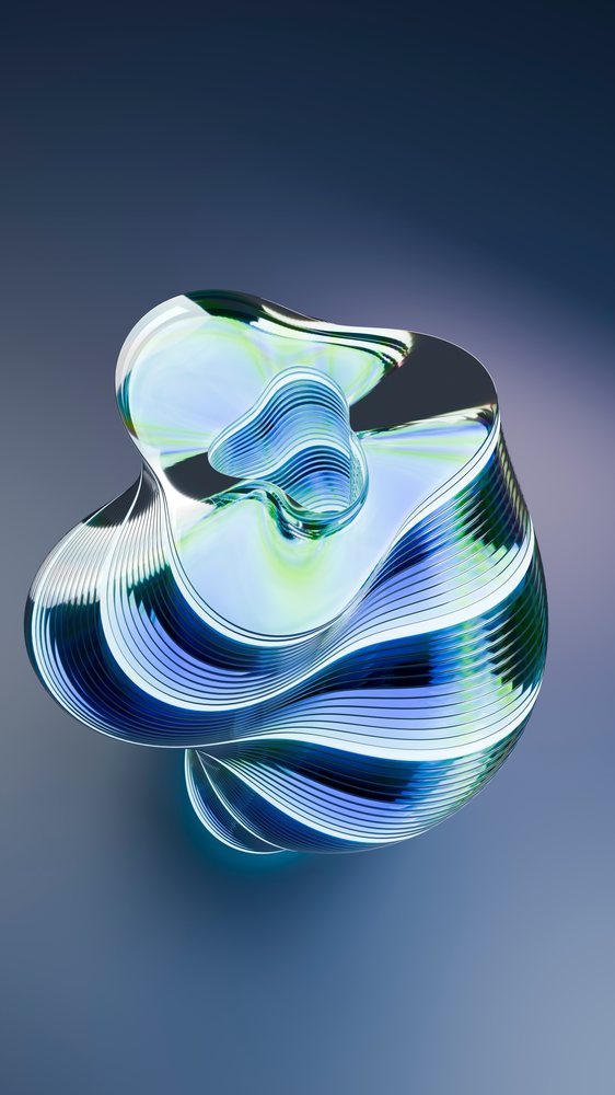 Modern digital 3D-rendered abstract glass sculpture with fluid curved lines and blue-green reflections.
