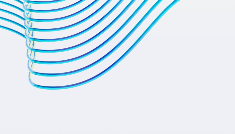 Abstract blue curved lines forming looped shapes on a white background.