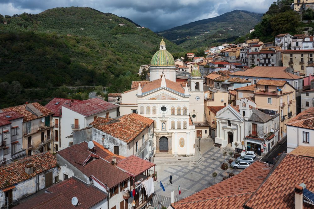 Aerial view of Nocera Terinese town square, Calabria, Italy.