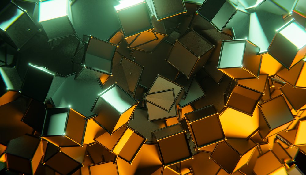Abstract 3D digital render showcasing metallic cubes with orange and green lighting overlays in a modern art style.