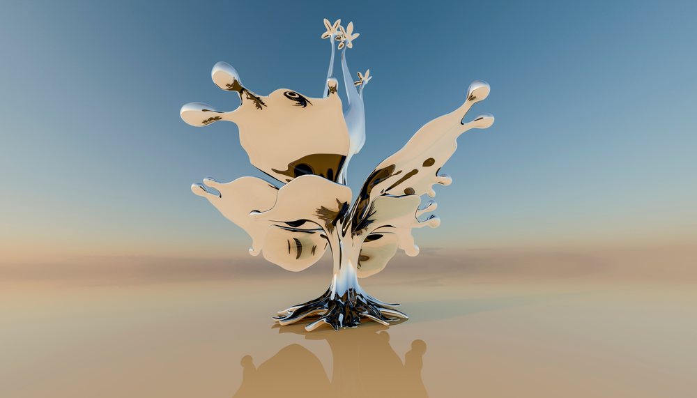 A shiny silver liquid splash sculpture with fluid abstract shapes