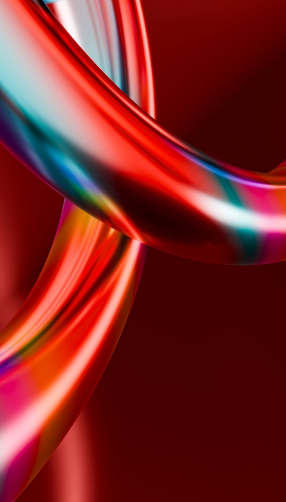 Colorful abstract curved tubes with shiny smooth texture on red background in digital 3D art.
