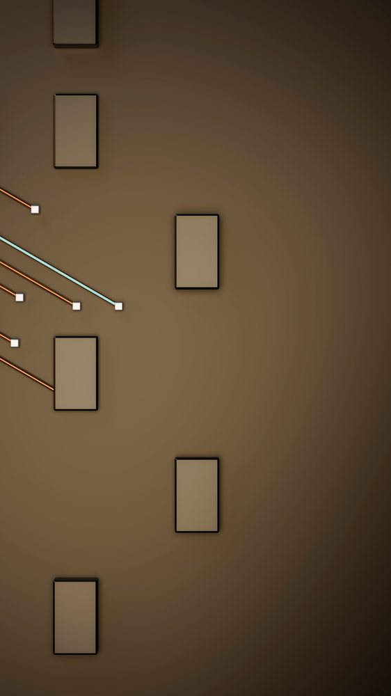 Rectangular digital screens arranged on a brown background forming a minimalist technology interface design.