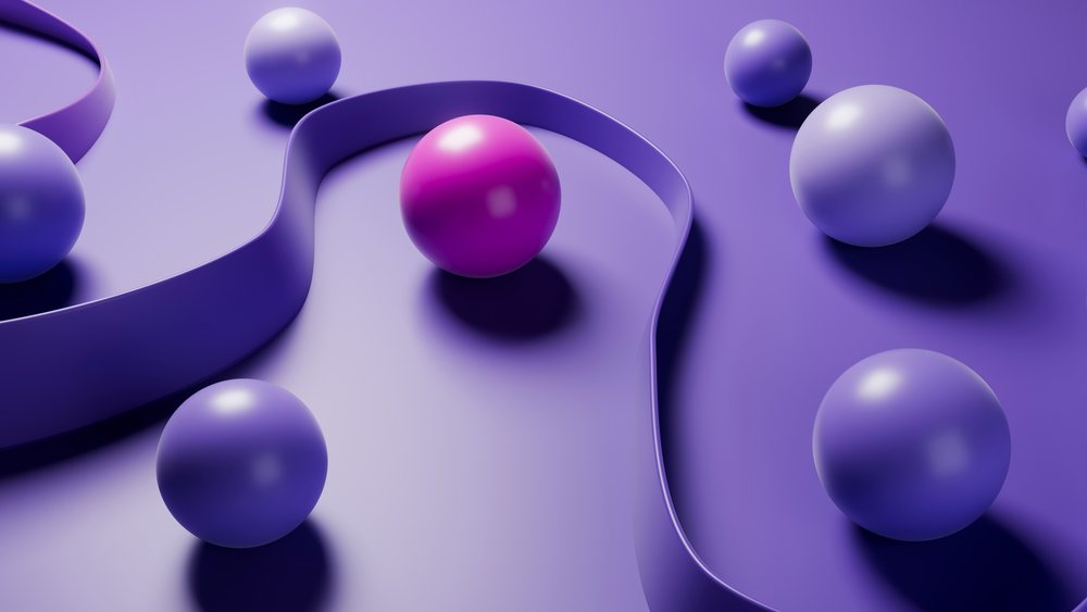 Digital 3D illustration of shiny purple spheres clustered around a single pink sphere enclosed by a curved ribbon on a smooth purple surface.