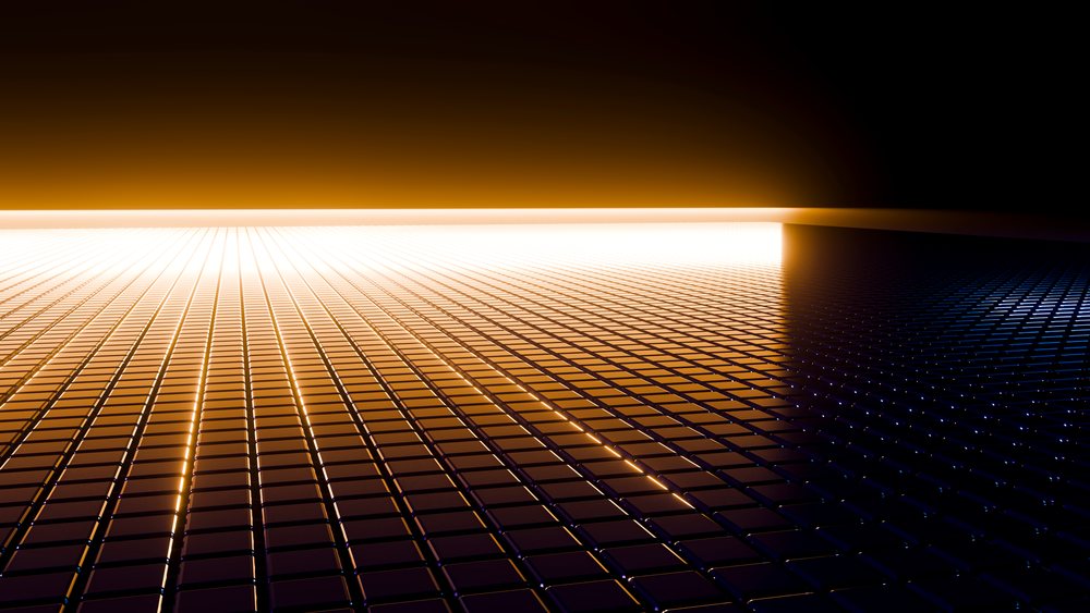 Abstract digital grid of glowing orange rectangular tiles extends toward a bright horizon in a dark futuristic setting.