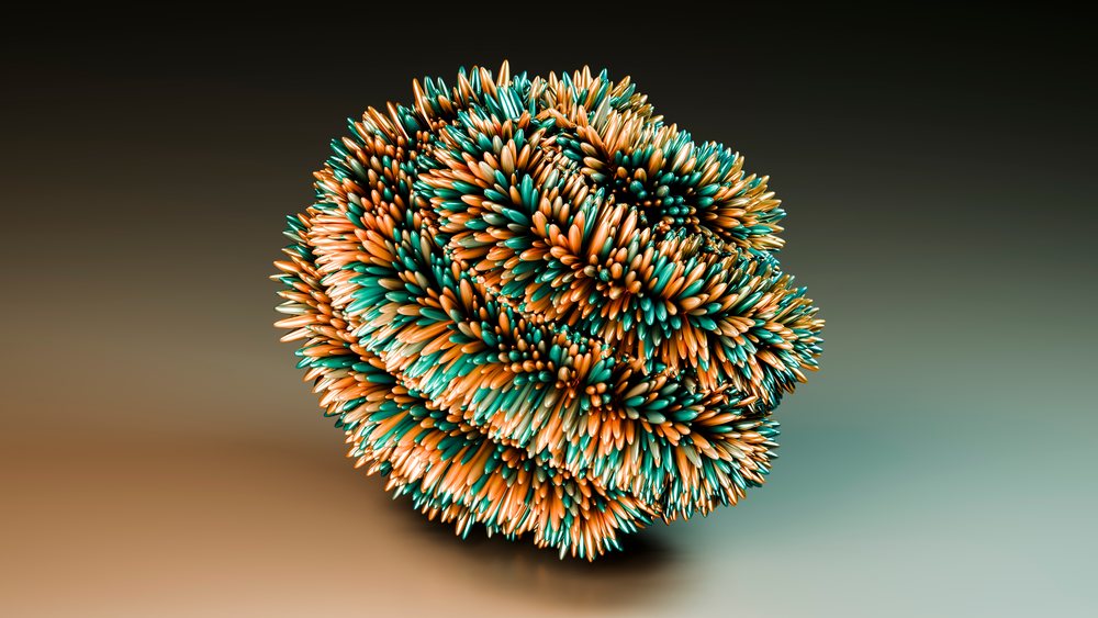 3D abstract sculpture with sharp orange and teal spikes floating above a gradient brown to teal background under studio lighting.