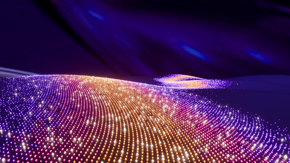 Abstract digital landscape showing glowing particles arranged in wave-like patterns on a purple background.