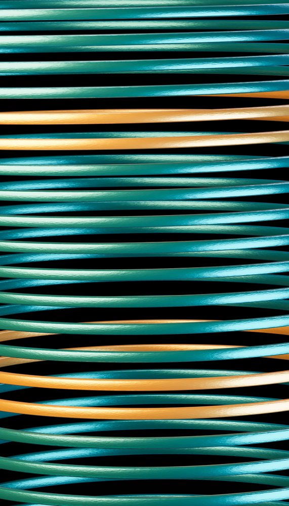 Blue and orange electrical cables with plastic coating coiled and arranged in parallel on a black background.