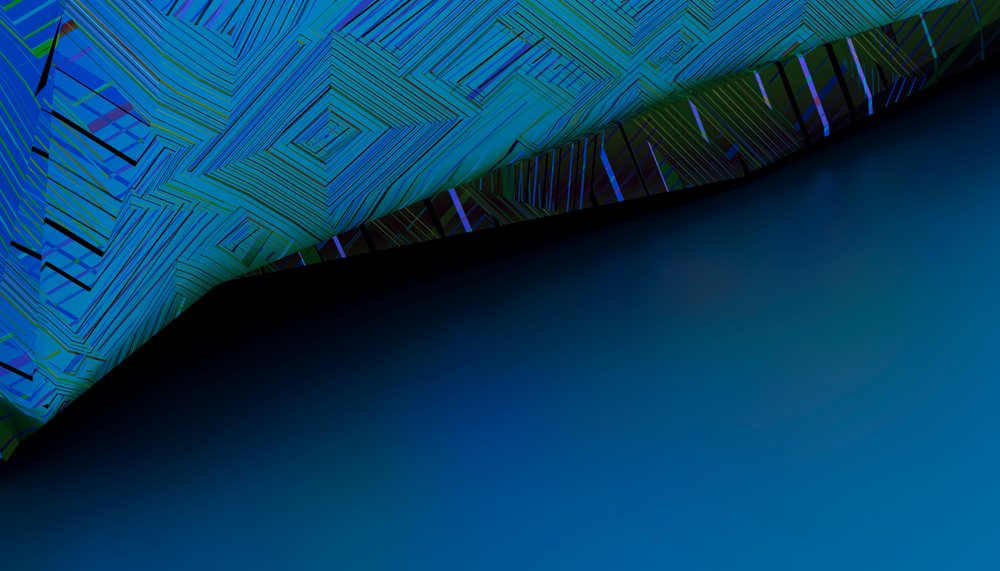 Abstract digital artwork featuring blue gradient background with geometric line patterns and curved edge design.