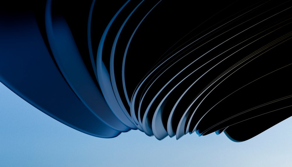 Abstract blue and black curved shapes forming a wave pattern on a pale blue background.
