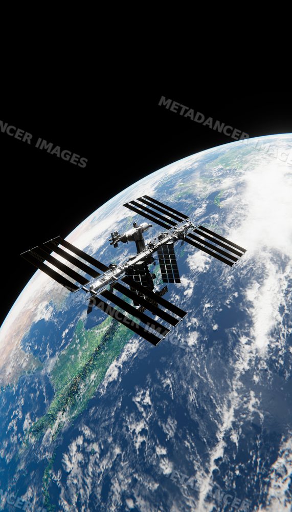 A human-made orbital station orbiting earth with clear solar panels