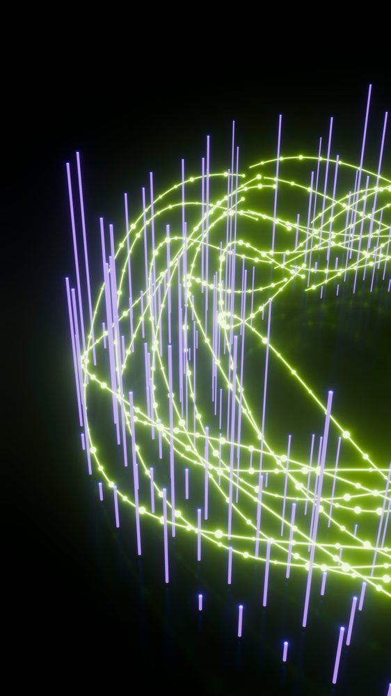 Neon green animated lines and purple vertical bars form a digital data visualization on a black background.