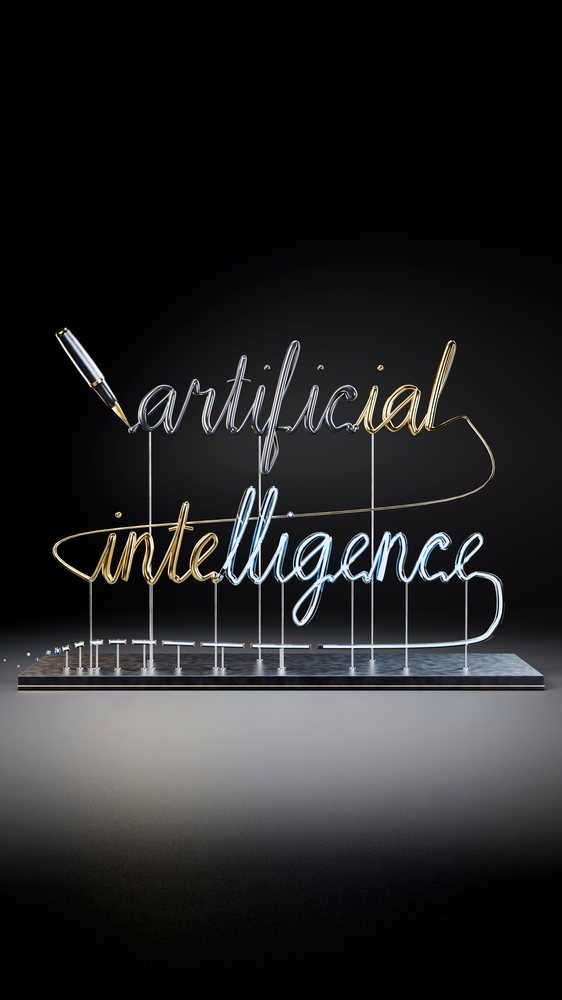 Neon sign spelling 'artificial intelligence' with glowing multicolor letters and a glowing pen on a dark background.