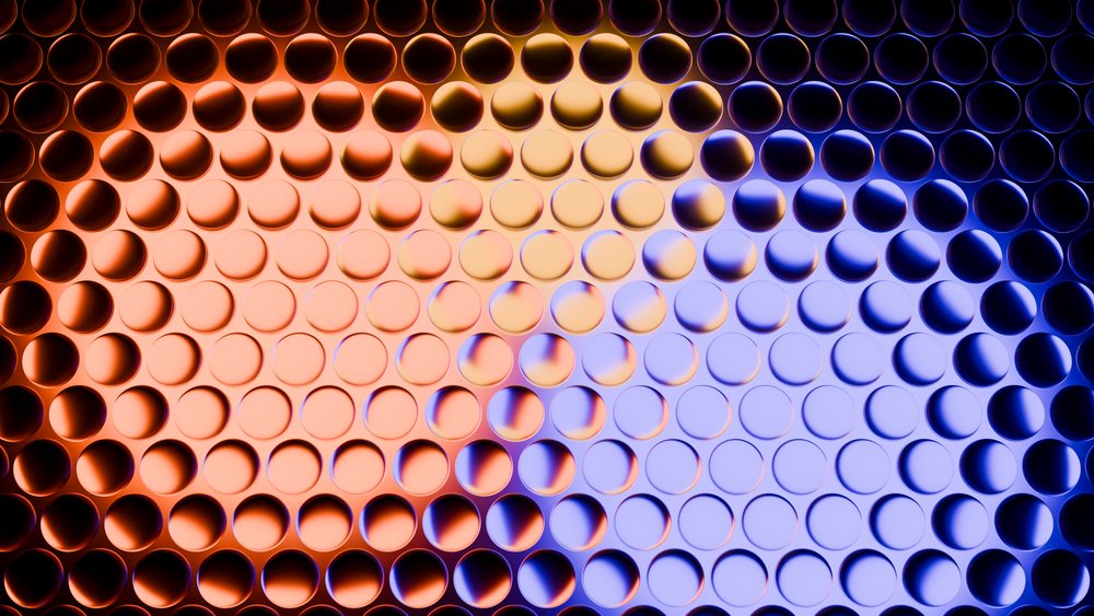 Symmetrical digital illustration featuring a round circle pattern with orange and blue gradient colors and three-dimensional texture contrast.