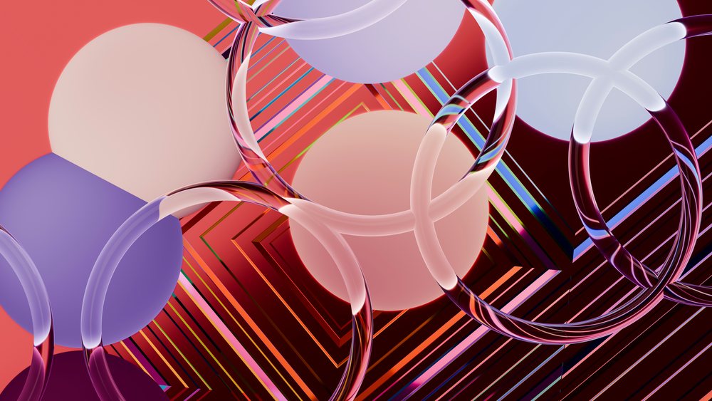 Abstract digital illustration of overlapping pink, purple, and red circles with transparent rings and vibrant geometric patterns.