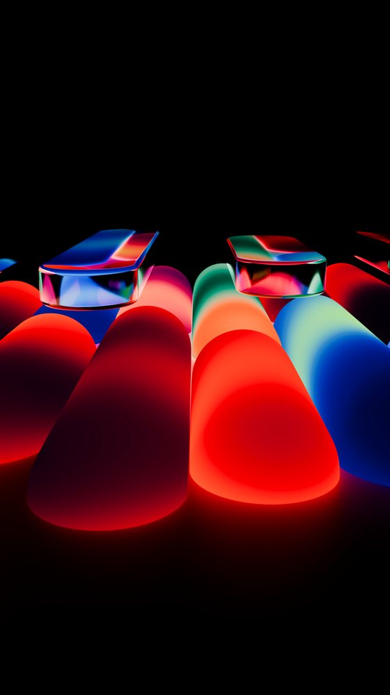 Digital art depicting abstract glowing neon piano keys on a glossy surface against a black background.