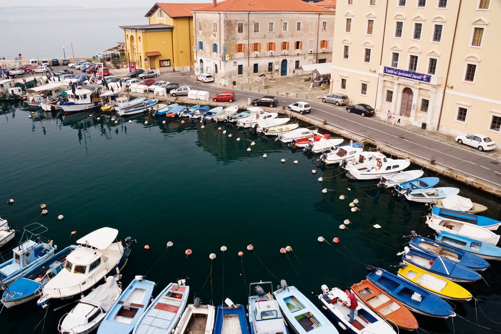 Multiple small boats moored along a calm harbor dock in the Town of Piran, Slovenia, with adjacent buildings and parked cars visible.