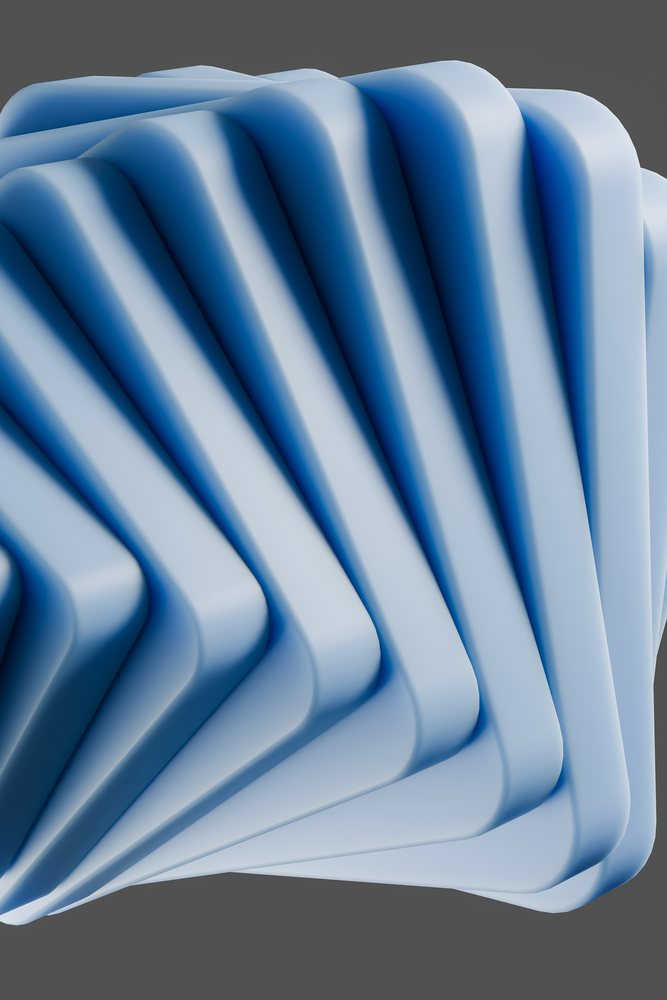 Abstract blue 3D render of geometric shapes with smooth, soft edges and shadows by a creative studio.