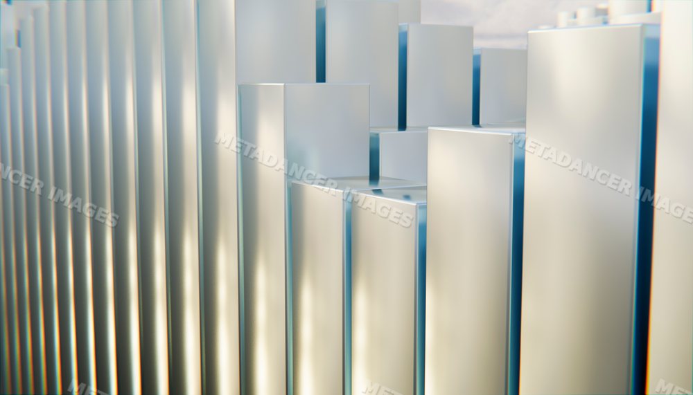 Close-up of metallic silver blocks arranged