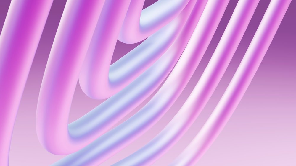 Abstract 3D digital art showing smooth pink and purple curved tubes on a gradient background.