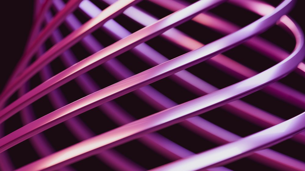 Digital illustration featuring abstract pink and purple curved lines with smooth metallic textures and gradient colors.