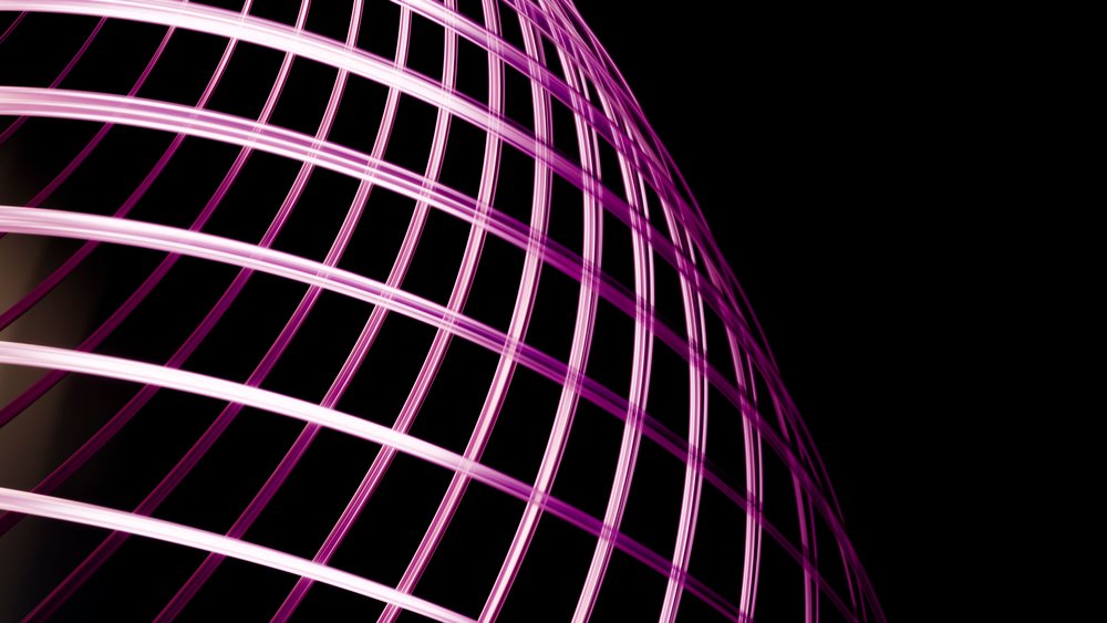 Curved purple and pink glowing lines form a grid pattern on a black background in a modern abstract digital design.