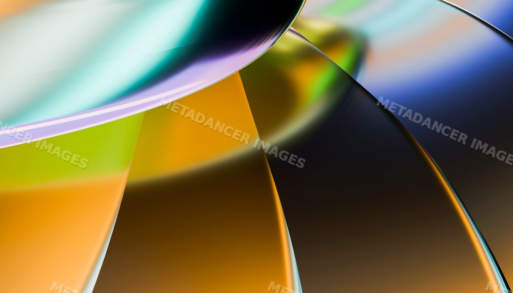 Close-up of colorful curved glass shapes with reflective surfaces
