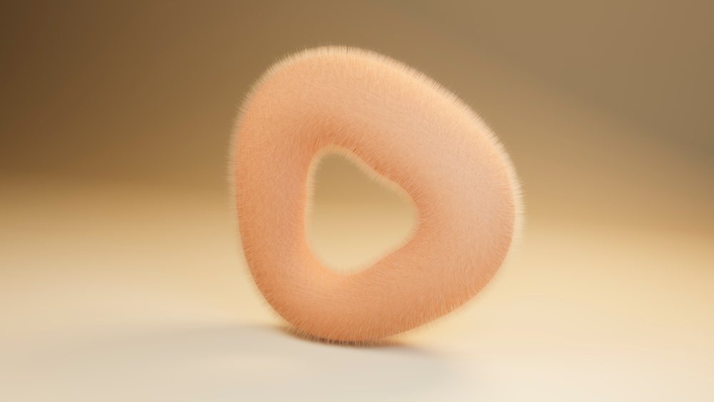 3D rendered orange fuzzy abstract shape with a triangular hole on a minimalist gradient background.