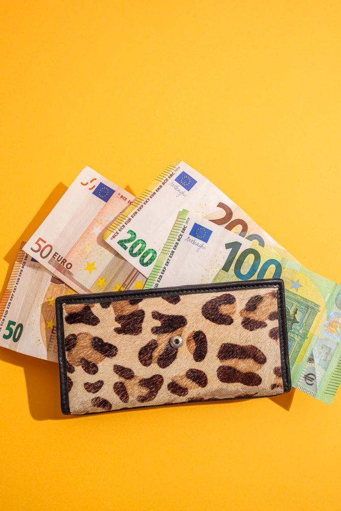 Leopard print wallet on yellow background holding visible 50, 100, and 200 Euro banknotes, cash.