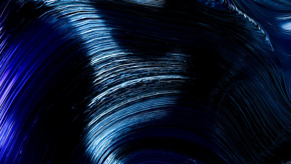 Abstract digital art featuring swirling blue and black curved lines with glowing light streaks on a dark background.