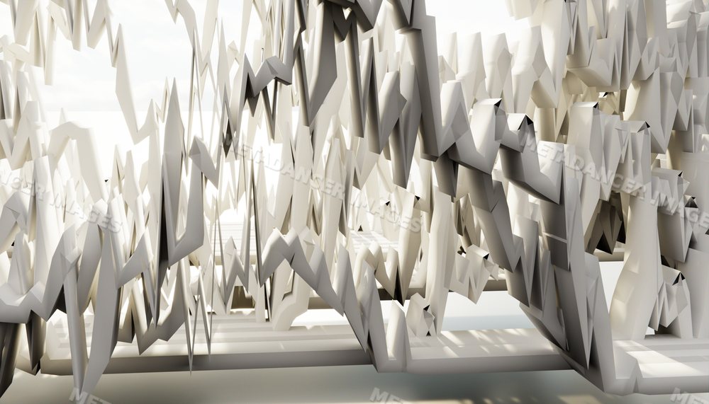 An intricate white abstract sculpture with geometric shapes