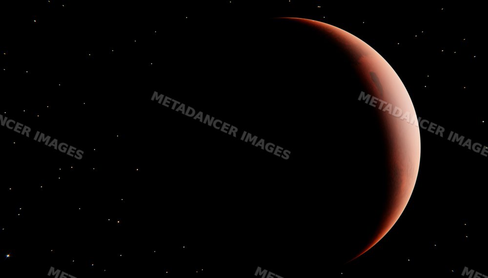 A crescent red planet with surface details seen