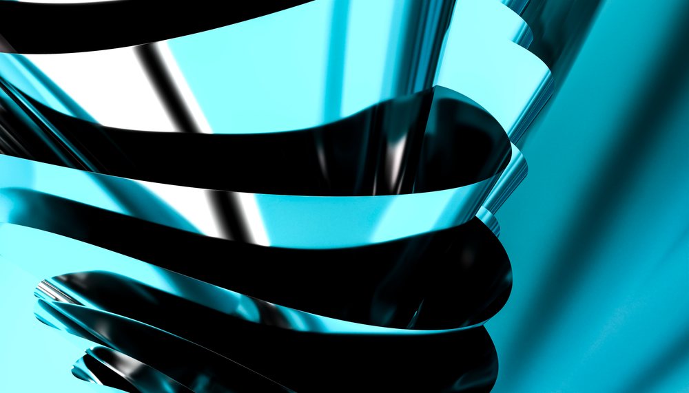 Abstract metallic blue ribbon with reflective curved surfaces and smooth texture.