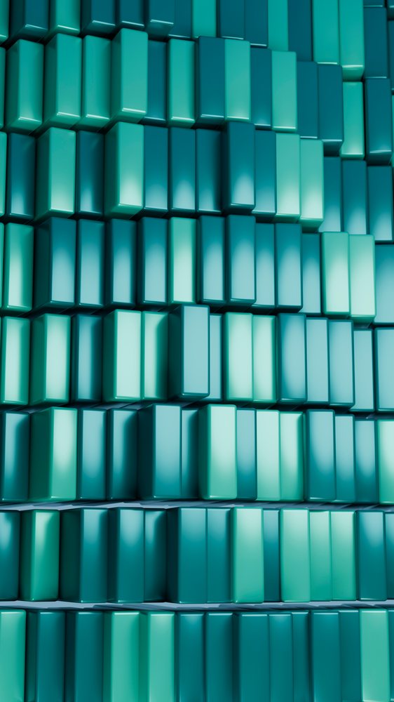 Digital illustration of vertical stacked teal rectangular blocks forming a modern abstract geometric pattern with blue-green gradient and clean lines.
