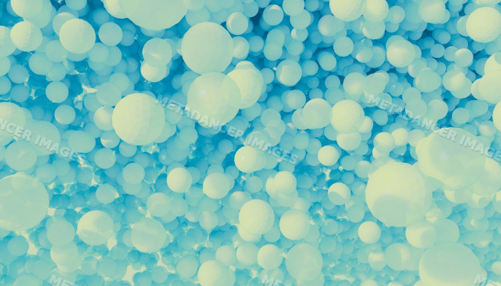 Digital 3d abstract composition with floating blue and yellow spheres