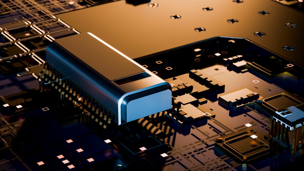 Close-up illustration of a microchip mounted on a printed circuit board with metallic and golden details.