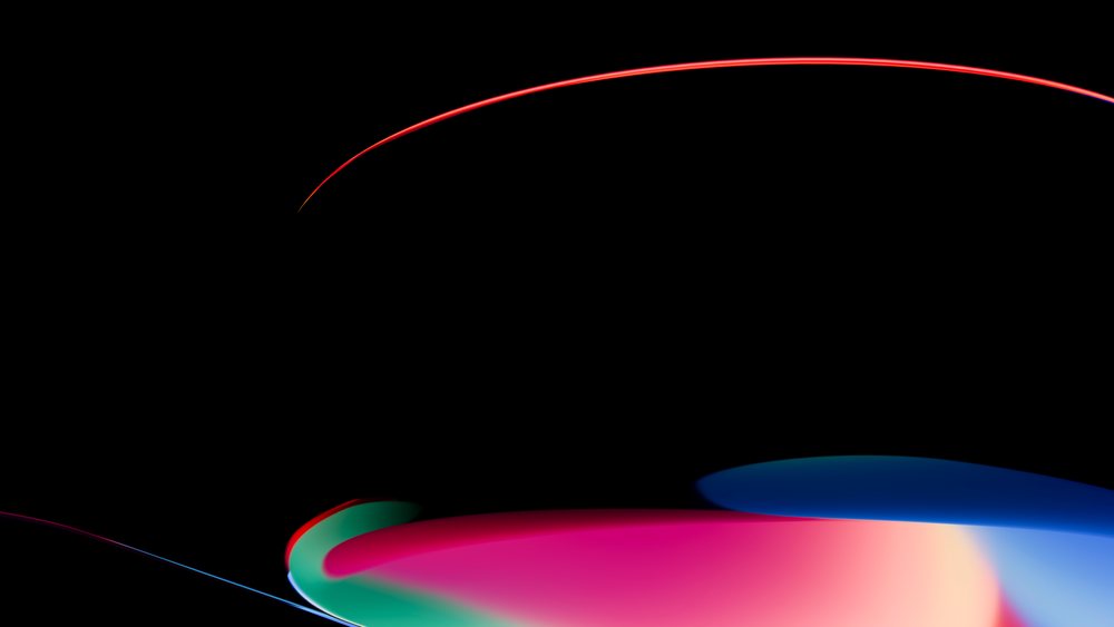 Abstract digital illustration featuring colorful curved light waves with pink, blue, and green gradient reflections on a dark background.