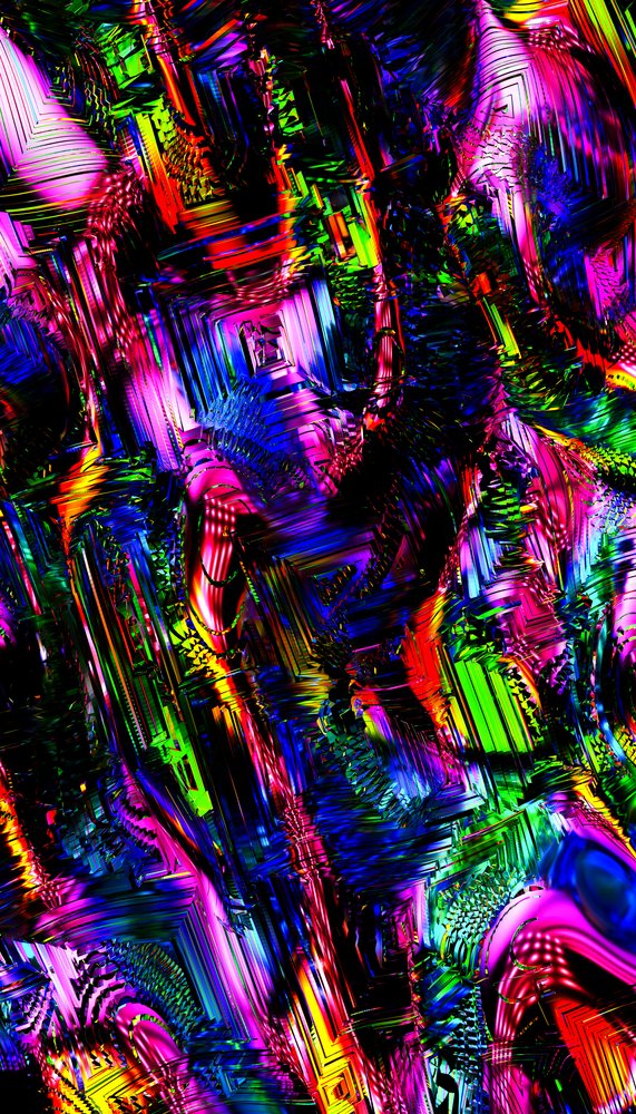 Abstract colorful digital artwork featuring geometric patterns and vivid neon colors.