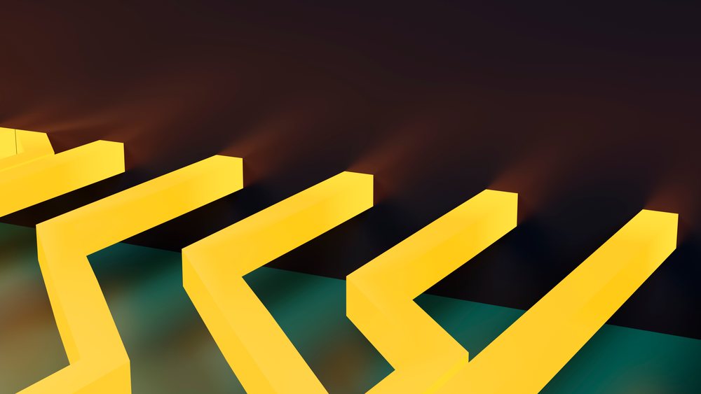 Yellow three-dimensional abstract shapes cast shadows on a dark background in a digital art composition.