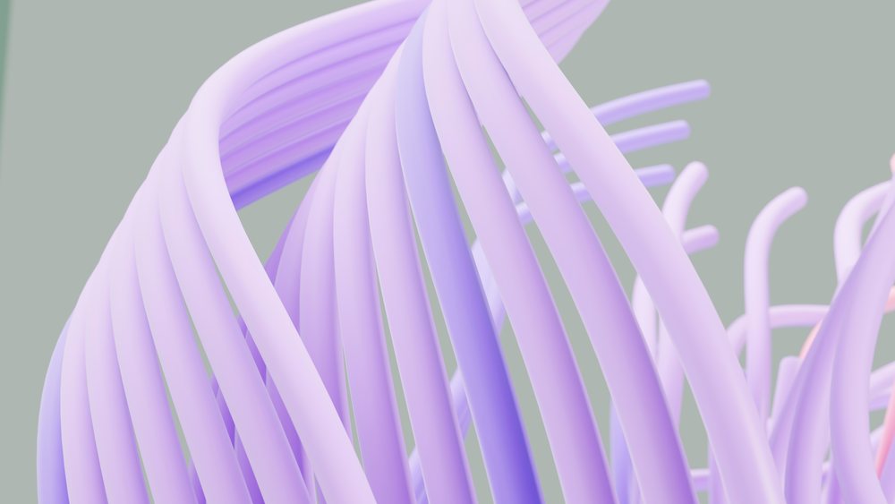 Abstract 3D digital illustration featuring flowing purple ribbons twisting in curved shapes.