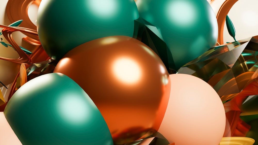 3D-rendered abstract composition of shiny orange and teal spheres with geometric shapes and reflective metallic textures.