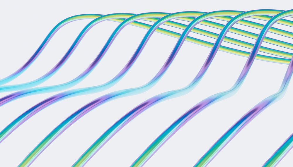 Colorful curved lines forming an abstract pattern with rainbow gradients on a white background.