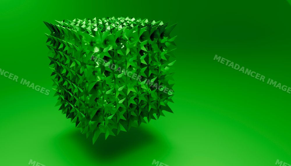 3d rendered abstract green spiked cube floating over green background